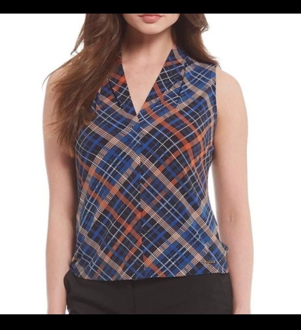 Calvin Klein Suit Plaid Sleeveless Top small satin fall business NWT work career